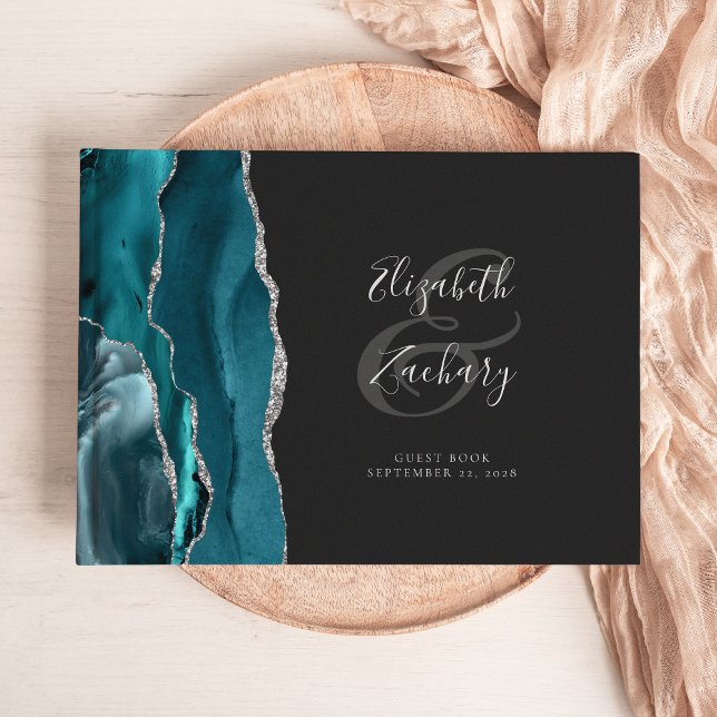 Modern Teal Blue Agate Silver Script Dark Guest Book (Creator Uploaded)