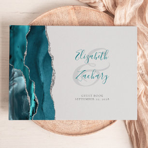 Modern Teal Blue Agate Silver Script Grey Guest Book