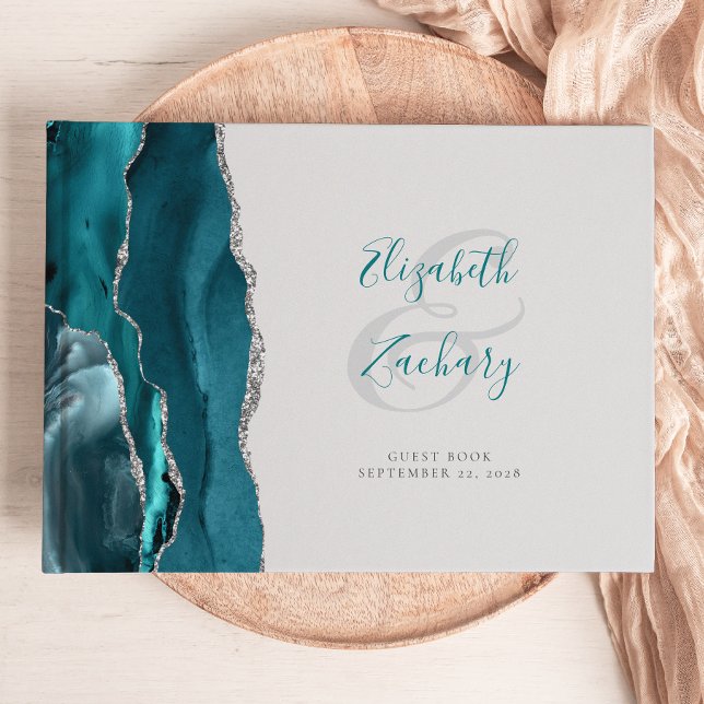 Modern Teal Blue Agate Silver Script Grey Guest Book (Creator Uploaded)