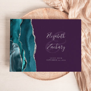 Modern Teal Blue Agate Silver Script Purple Guest Book