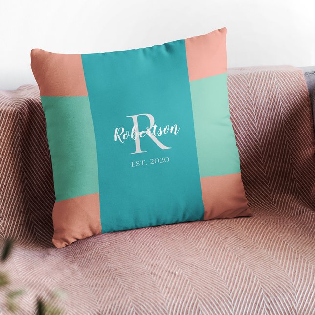 Modern Teal, Blue, and Coral Pink Family Monogram Cushion (Creator Uploaded)