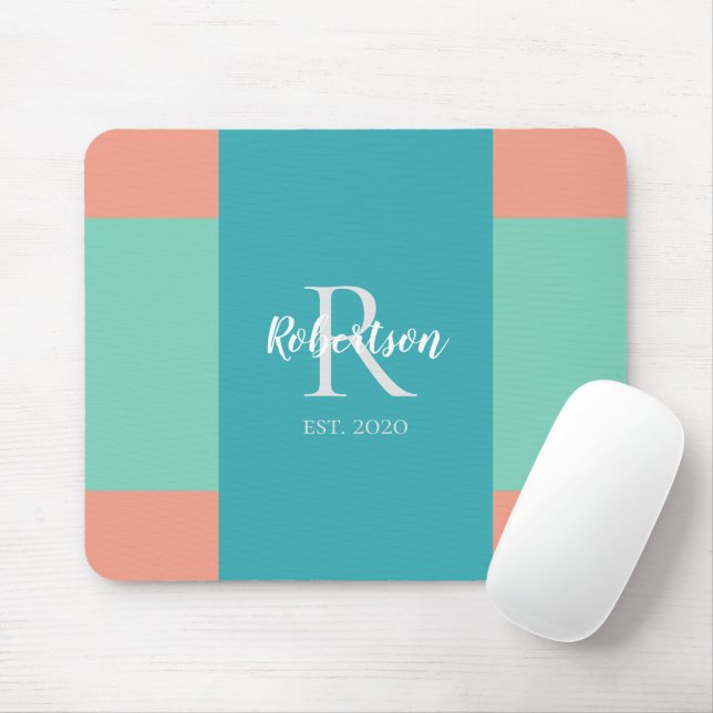 Modern Teal, Blue, and Coral Pink Family Monogram Mouse Pad (With Mouse)