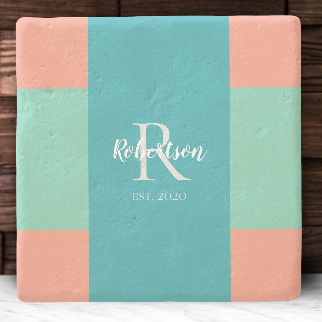 Modern Teal, Blue, and Coral Pink Family Monogram Stone Coaster (Creator Uploaded)