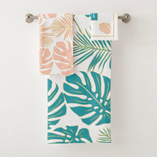 Modern teal blue and peach tropical leaves bath towel set