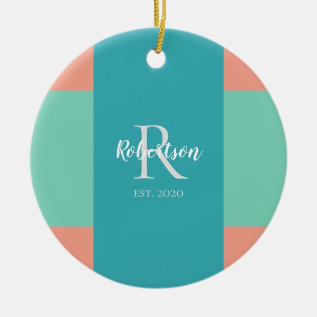 Modern Teal, Blue, and Pink Monogram Christmas Ceramic Ornament (Front)