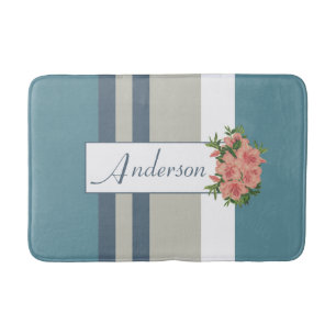 Modern Teal Blue and Tan Striped Floral Bath Mat