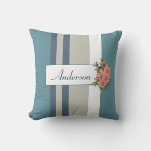 Modern Teal Blue and Tan Striped Floral Cushion