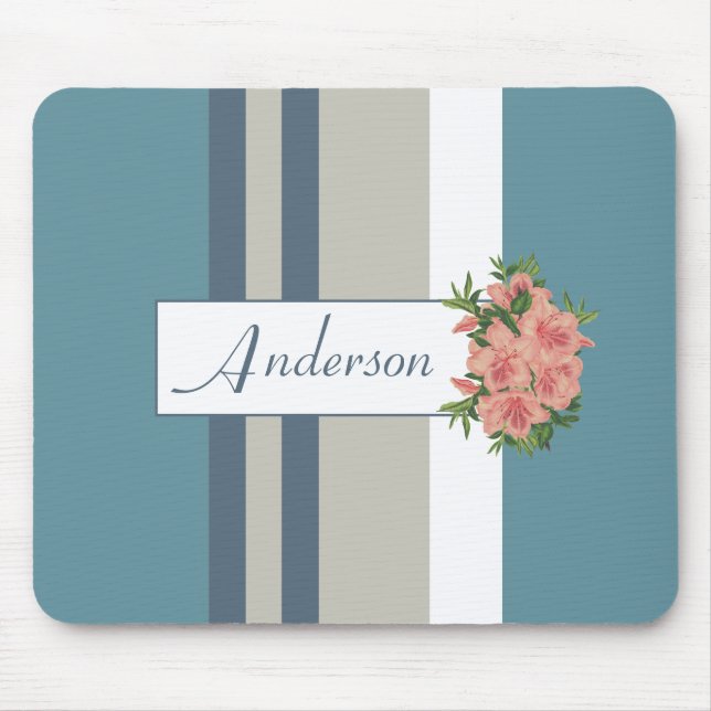 Modern Teal Blue and Tan Striped Floral Mouse Pad (Front)