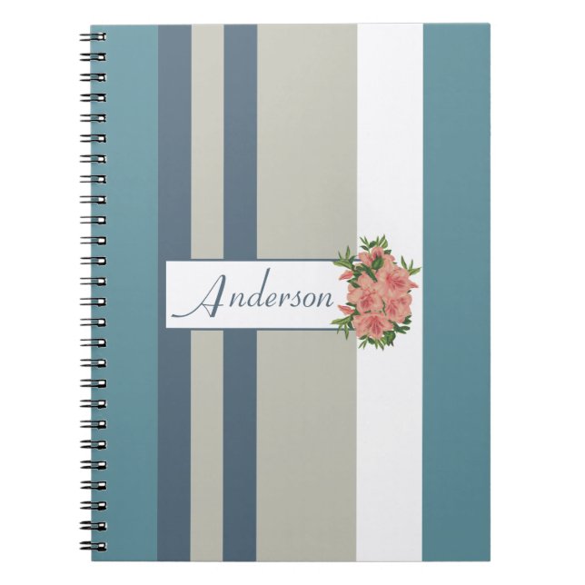 Modern Teal Blue and Tan Striped Floral Notebook (Front)