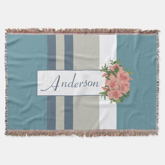 Modern Teal Blue and Tan Striped Floral Throw Blanket (Front)