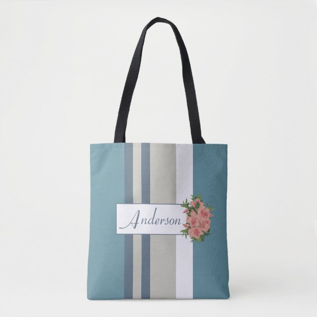 Modern Teal Blue and Tan Striped Floral Tote Bag (Front)