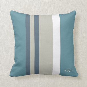 Modern Teal Blue and Tan Striped Personalised Cushion