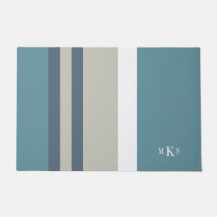Modern Teal Blue and Tan Striped Personalised Doormat