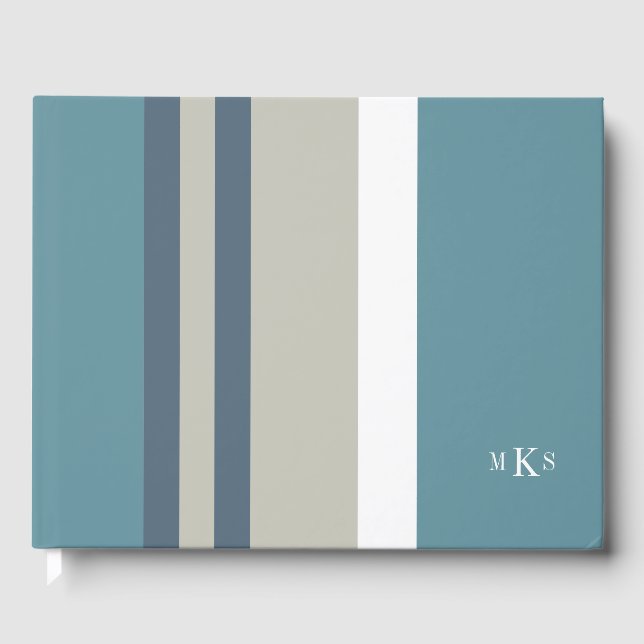 Modern Teal Blue and Tan Striped Personalised Guest Book (Front)