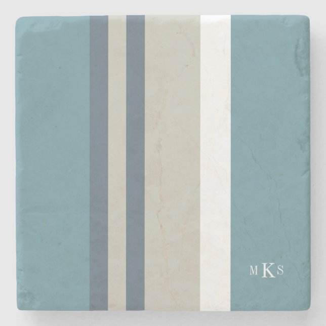 Modern Teal Blue and Tan Striped Personalised Stone Coaster (Front)