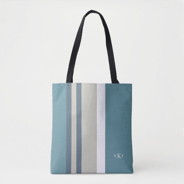 Modern Teal Blue and Tan Striped Personalised Tote Bag (Front)
