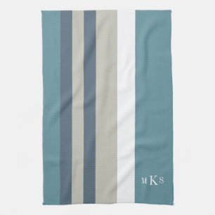 Modern Teal Blue and Tan Striped Personalized Tea Towel