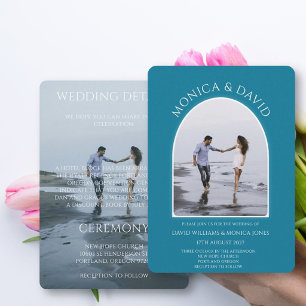 Modern Teal Blue Arch Photo Minimalist Wedding Invitation