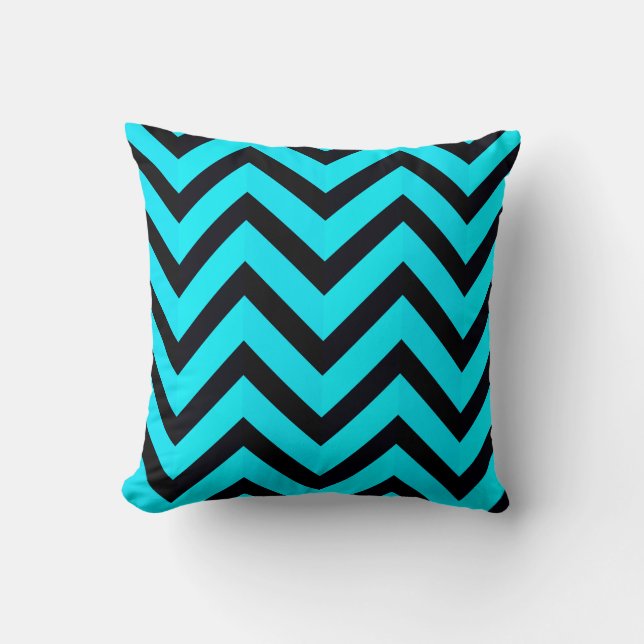 Modern Teal Blue Black Chevron Geometric Stripe Cushion (Front)