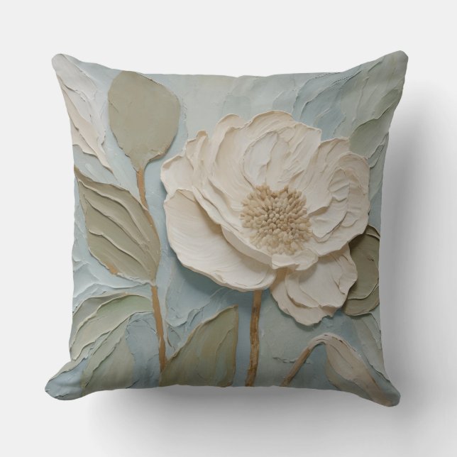 Modern Teal Blue Cream Sage Floral Cushion (Front)