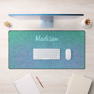 Modern Teal Blue Glitter Glam Personalised Desk Mat