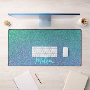Modern Teal Blue Glitter Ombre Personalised Desk Mat