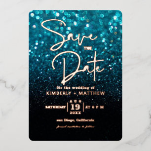 modern Teal Blue Glitter Save the date wedding Foi
