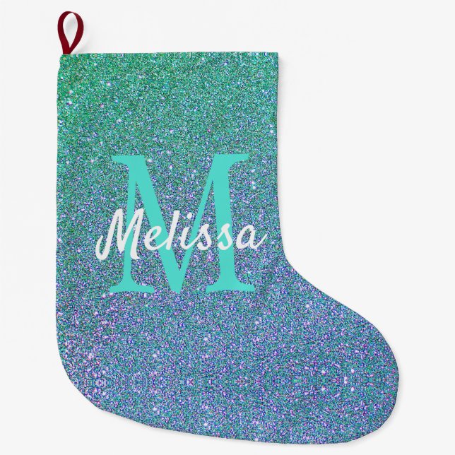 Modern Teal Blue Glitter Sparkle Monogram Name Large Christmas Stocking (Front)