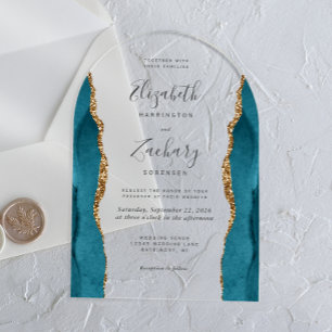 Modern Teal Blue Gold Agate Arch Wedding Acrylic Invitations