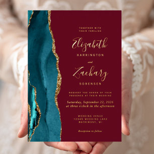 Modern Teal Blue Gold Agate Burgundy Wedding