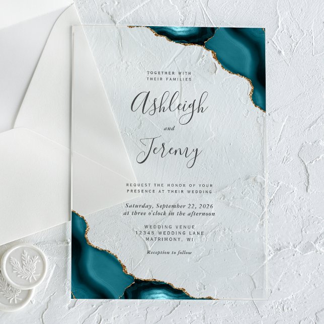 Modern Teal Blue Gold Agate Corners Wedding Acrylic Invitations (Creator Uploaded)