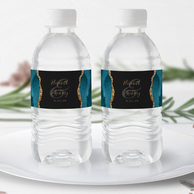 Modern Teal Blue Gold Agate Dark Wedding Water Bottle Label (Creator Uploaded)