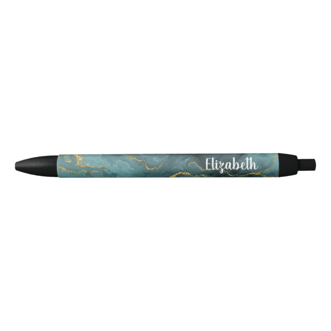 Modern Teal Blue Gold Agate Geode Pen (Front)