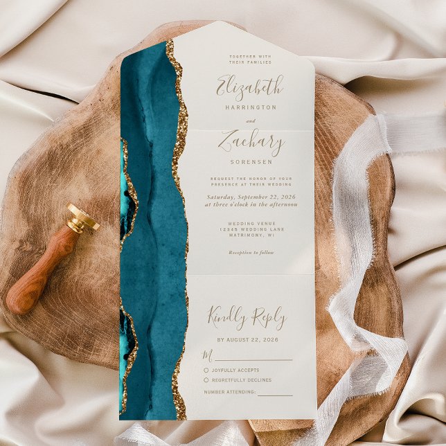 Modern Teal Blue Gold Agate Ivory Wedding All In One Invitation (Creator Uploaded)