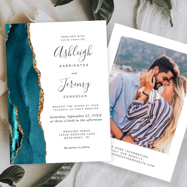 Modern Teal Blue Gold Agate Photo Wedding Invitation (Creator Uploaded)