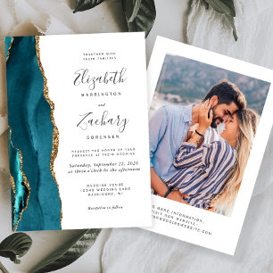 Modern Teal Blue Gold Agate Photo Wedding Invitation