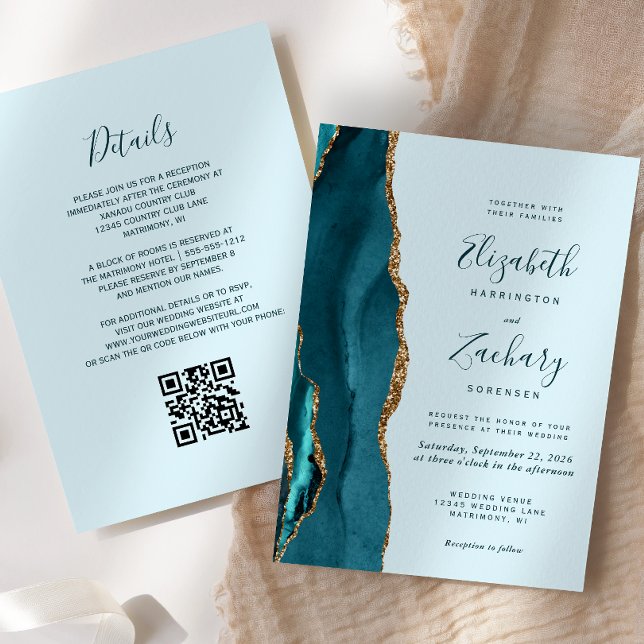 Modern Teal Blue Gold Agate QR Code Wedding Invitation (Creator Uploaded)