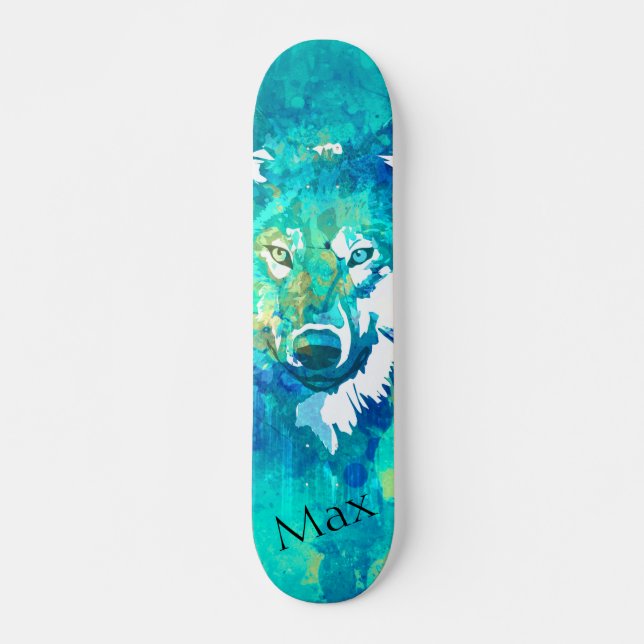 Modern teal blue green watercolor wolf skateboard (Front)