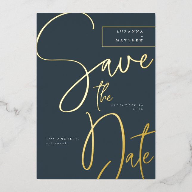 Modern Teal Blue Grey Calligraphy Save the Date (Front)