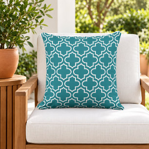 Modern Teal Blue Moroccan Quatrefoil Pattern Cushion