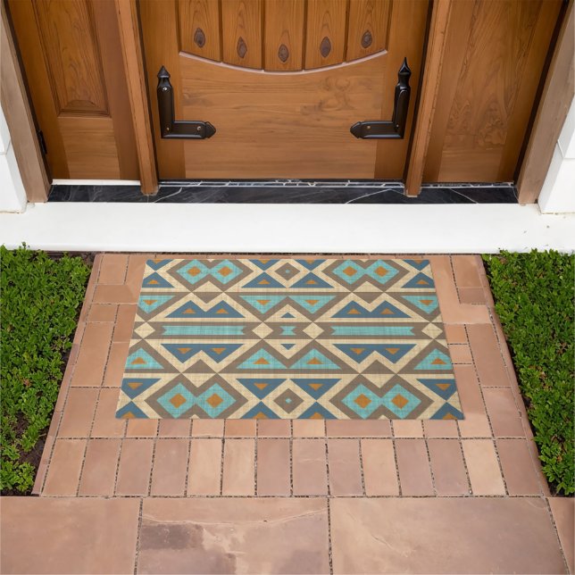 Modern Teal Blue Orange Taupe Brown Art Pattern Doormat (Outdoor)