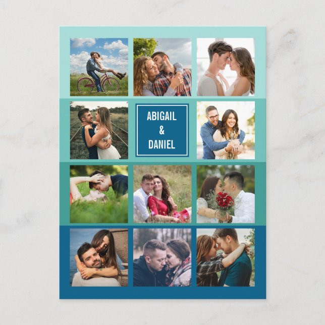 Modern Teal Blue Photo Collage Save the Date Postcard (Front)