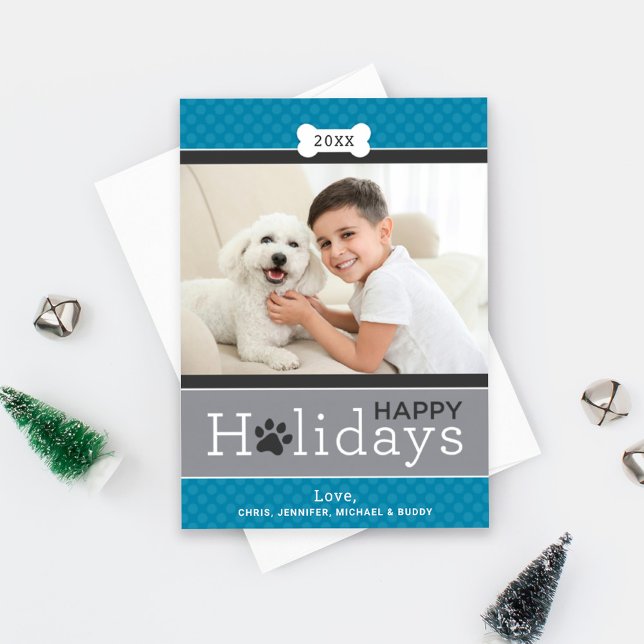 Modern Teal Blue Puppy Dog Theme Happy Holidays Holiday Card (Creator Uploaded)
