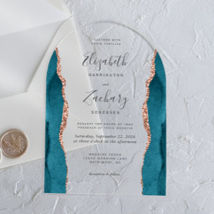 Modern Teal Blue Rose Gold Agate Arch Wedding Acrylic Invitations