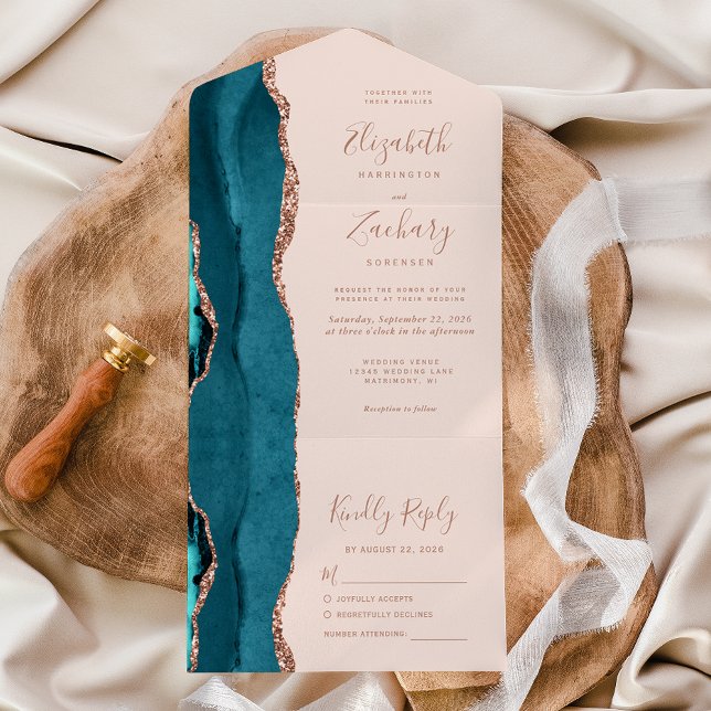Modern Teal Blue Rose Gold Agate Blush Wedding All In One Invitation (Creator Uploaded)