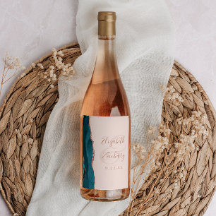 Modern Teal Blue Rose Gold Agate Blush Wedding Wine Label