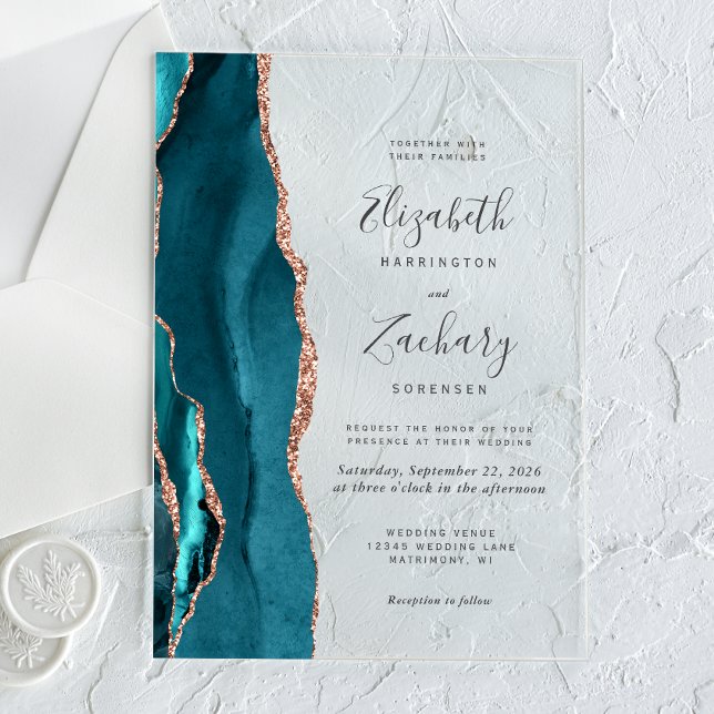 Modern Teal Blue Rose Gold Agate Wedding Acrylic Invitations (Creator Uploaded)