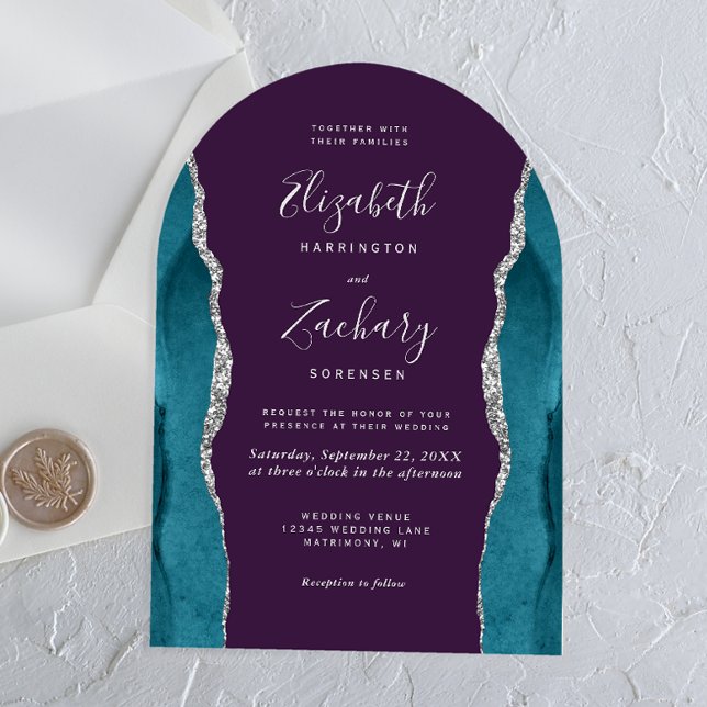 Modern Teal Blue Silver Agate Purple Arch Wedding Acrylic Invitations (Creator Uploaded)