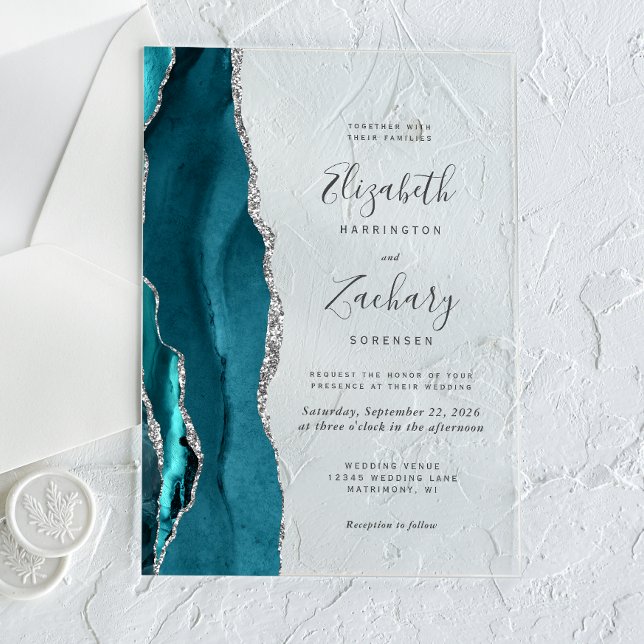 Modern Teal Blue Silver Agate Wedding Acrylic Invitations (Creator Uploaded)