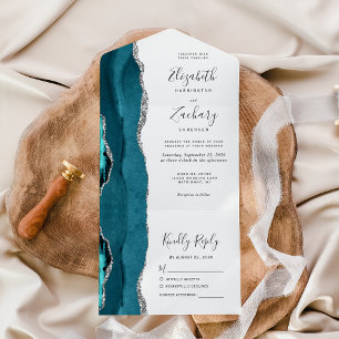 Modern Teal Blue Silver Agate Wedding All In One Invitation